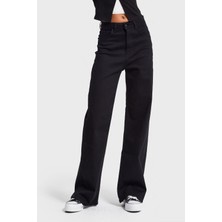 It's Basic Kadın Siyah Renk 1w5-1 Esnek Likralı Kumaş Wide Leg Fit İç Boy 80cm Denim Jean