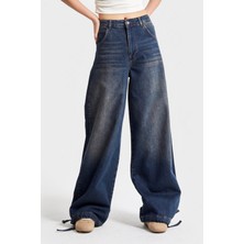 It's Basic Kadın T.Kot Rengi 2w5-8 Straight Palazzo Fit Paçası Bağcıklı Süper Bol Kesim %100 Koton Denim Jean