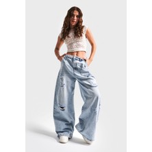 It's Basic Kadın Kot Rengi 12S5-3 Mega Baggy Fit Süper Bol %100 Koton Orta Bel Denim Jean