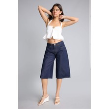 DeFacto %100 Pamuk Yüksek Bel Geniş Paça indigo Bermuda Jean Şort I2340AX26HS