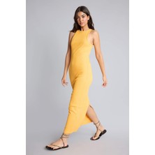 DeFacto Bodycon Vücudu Saran Halter Yaka Ribana Kolsuz Turuncu Maxi Elbise H7119AX26SM