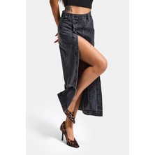It's Basic Kadın Gri Füme Renk Tilia Önü Düğmeli Maxi Boy Denim Etek