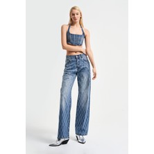 It's Basic Kadın Mavi Kot Rengi Rita Önü Komple Taşlı Straight Fit Orta Bel Denim Jean