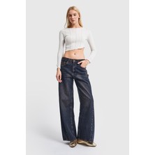 It's Basic Kadın Kot Tint Rengi Düşük Bel Süper Wide Leg Fit Denim Pantolon