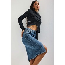 It's Basic Kadın Snow Kot Rengi Erica Midi Boy Yüksek Bel Yırtmaçlı  Jean Etek
