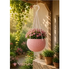 Veniv Rattan Desenli Askılı Saksı 2 Litre – Alt Tablalı Dekoratif Saksı