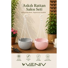 Veniv 2’li 2 Litre Alt Tabaklı Askılı Rattan Saksı Seti | Dekoratif ve Şık Tasarım