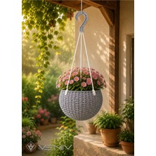 Veniv Rattan Desenli Askılı Saksı 2 Litre – Alt Tablalı Dekoratif Saksı