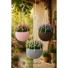 Veniv 3’lü Alt Tabaklı Rattan Desenli Askılı Saksı 2 Litre | Dekoratif ve Şık Tasarım