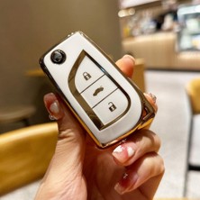 Keyron Toyota Corolla 3 Buton  Auris Yaris Verso Avensis Aygo Hilüx Nano Anahtar Kılıfı Beyaz Gold