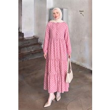 Trendparis Puantiyeli Lilyum Kumaş Katlı Elbise Pembe