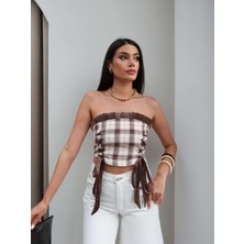 Esra Helvacı Ekose Desen Straplez Bluz