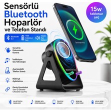 Nzb Sensörlü Bluetooth Hoparlör Telefon Standı Rgb Işıklı Kablosuz Şarjlı Katlanabilir Siyah