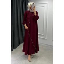 Abiye Diyarı Krep Kumaş Kenarları Taş İşlemeli Nazende Elbise- Bordo