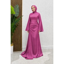 Abiye Diyarı Kadın Arabella Pelerinli Saten Balık Abiye-Pembe