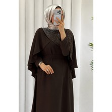 Abiye Diyarı Velisa Taş Detaylı Krep Kumaş Tesettür Abiye- Acı Kahve