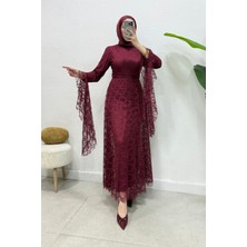 Abiye Diyarı Zelal Kuşaklı Dantel Tesettür Abiye- Bordo