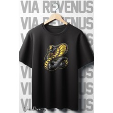  Kobra Baskılı Oversize Geniş Kalıp Bisiklet Yaka Siyah Tshirt