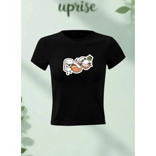 Sushi Roll Baskılı Pamuklu Likralı Body Tee Crop T-Shirt