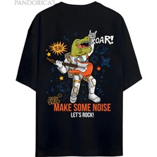  Dino Tasarım Serisi Rocker Dino "make Some Noıse Let's Rock" Yazılı Dinazor Sırt Baskılı Pamuklu Unisex Tişört