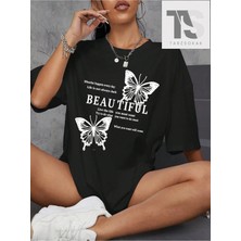  Kelebek & Slogan Grafikli Iki Tonlu Damla Omuzlu Tişört