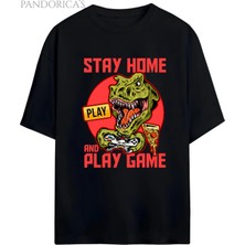  Dino Tasarım Serisi -Gamer Dino- "stay Home And Play Game" Yazılı Dinazor Baskılı Pamuklu Unisex Tişört