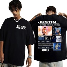 Justin Bieber Baskılı Unisex Oversize Kesim %100 Pamuk Bisiklet Yaka Siyah Tişört