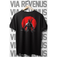  Samurai Sırt Baskılı Oversize Geniş Kalıp Bisiklet Yaka Siyah Tshirt