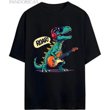  Dino Tasarım Serisi Rocker Dino "roar Star" Dinazor Baskılı Yazılı Pamuklu Unisex Tişört
