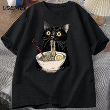  Şehriye Ramen Kedi T-Shirt Foodie Lover T Shirt Siyah Kedi Şehriye T-Shirt Retro Rahat Kısa K 2809