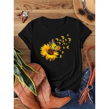  Sunflower Baskılı Bisiklet Yaka Pamuklu Kısa Kollu Normal Kalıp Kadın Tshırt