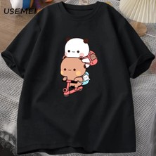  Panda ve Brownie Ayı Çift Bisiklet Sürme T-Shirt Boy Komik Karikatür T Shirt Erkekler Pamuk O 3040