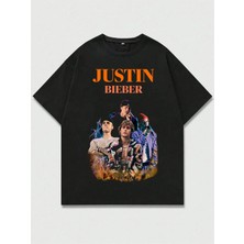  Justin Bieber Baskılı Unisex Oversize Kesim %100 Pamuk Bisiklet Yaka Siyah Tişört