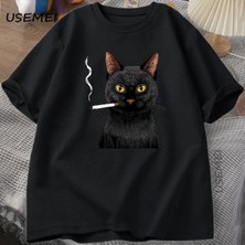  Sigara Kedi T-Shirt Erkekler Komik Y2K Vintage Trendy Streetweed Grafik T Shirt Sinirli Kedi 2840