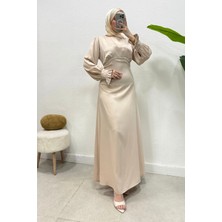 Abiye Diyarı Ahur Taşlı Kolları Fırfırlı Saten Tesettür Abiye- Krem