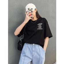  Kadın Siyah Nothing For Nothing Baskılı Oversize T-Shirt