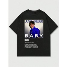  Justin Bieber Baskılı Unisex Oversize Kesim %100 Pamuk Bisiklet Yaka Siyah Tişört