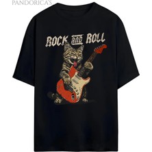  Pandorica's Rock Tasarım Serisi "rock&roll" Yazılı Gitar Çalan Kedi Baskılı Unisex Pamuklu T-Shirt