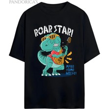  Dino Tasarım Serisi Rocker Dino "roar Star" Dinazor Baskılı Yazılı Pamuklu Unisex Tişört