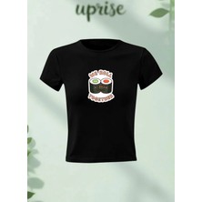  Sushi We Roll Together Baskılı Pamuklu Likralı Body Tee Crop T-Shirt