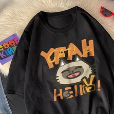  Siyah Merhaba Küçük Kedi Deyin An Karikatür Baskı Üstleri O-Boyun Yumuşak Kısa Kol