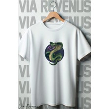  Kobra Baskılı Beyaz Oversize T-Shirt