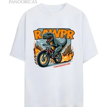  Dino Tasarım Serisi Rider Motorcu Dino "roarr" Yazılı Dinazor Baskılı Pamuklu Unisex Tişört