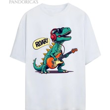  Dino Tasarım Serisi Rocker Dino "roar Star" Dinazor Baskılı Yazılı Pamuklu Unisex Tişört