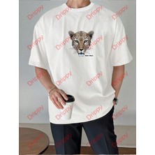  Leopar Stay Wild Baskılı Oversize Unisex Yıkamalı Tshirt Beyaz
