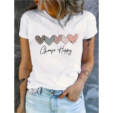  Kalp Desenli Yuvarlak Yaka T-Shirt, Bahar ve Yaz Için
