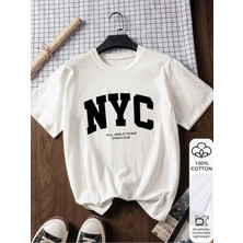  Nyc Baskılı Beyaz Oversize Unisex T-Shirt Basic Rahat Kalıp Günlük Tshirt