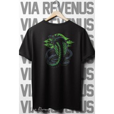  Kobra Sırt Baskılı Oversize Geniş Kalıp Bisiklet Yaka Siyah Tshirt