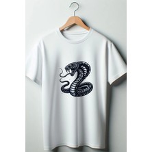  Kobra Baskılı Oversize Bisiklet Yaka Beyaz Tshirt