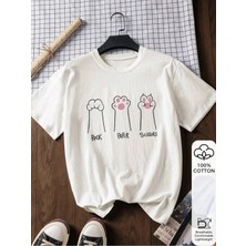 Cat Baskılı Beyaz Oversize Unisex T-Shirt Basic Rahat Kalıp Günlük Tshirt